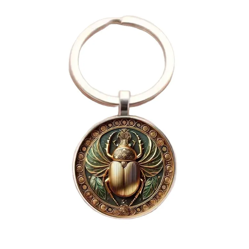 Vintage Egyptian Scarab Beetle Keychain – Gold & Blue Zinc Alloy Keyring with Leaf Design, Symbol of Good Luck & Rebirth